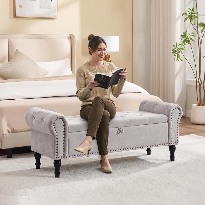 51" Storage Bench for Bedroom, Chenille End of Bed Bench, Queen Size Bench with Rolled Arms, Tufted Storage Ottoman Benches, Upholstered Bench for Bedroom, Living Room, Entryway, Light Grey