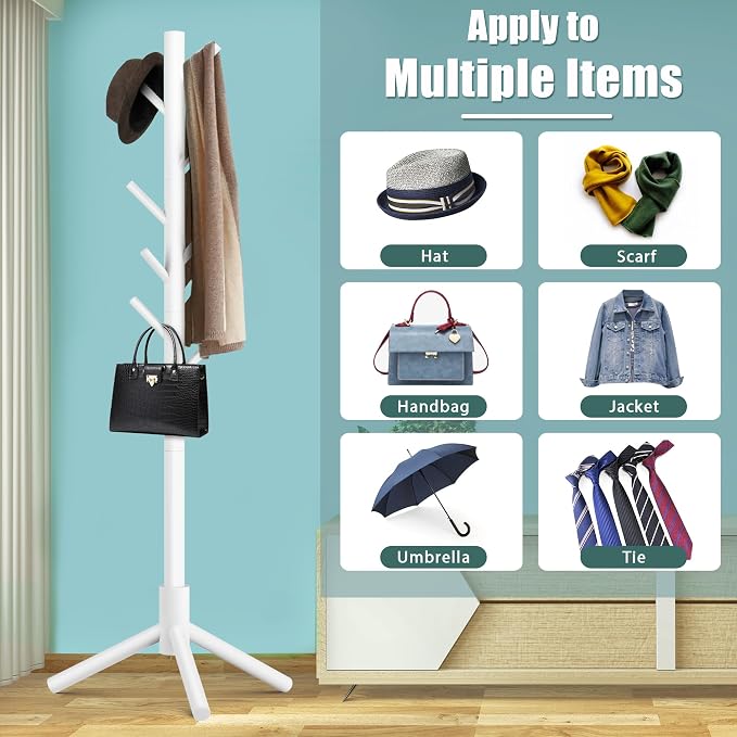 Haddockway Wooden Coat Rack Stand with 8 Hooks New Zealand Pine 3 Adjustable Coat Standing Tree Easy Assembly for Coats, Hats, Scarves and Handbags for Entryway, Hallway, Bedroom, Office, white