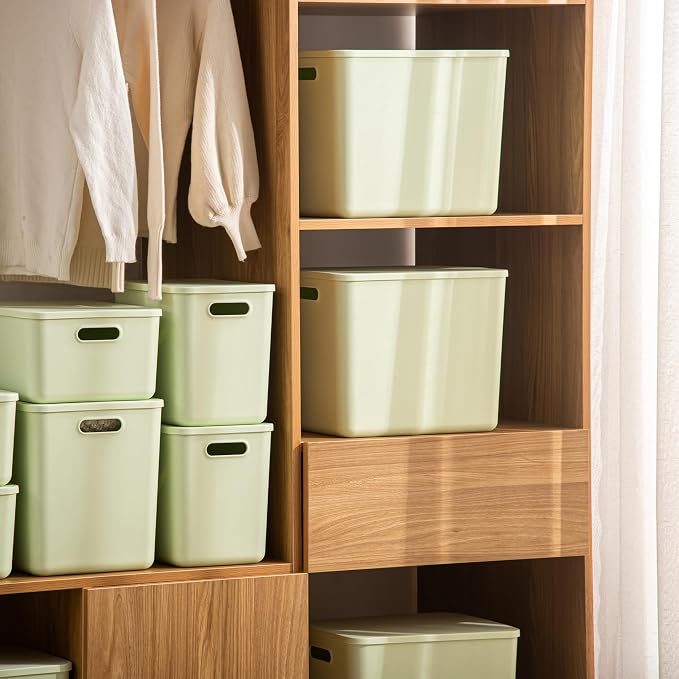 10 pack large plastic White storage bins with Lids, Toy Box Chest with Handle，Organizer Containers Baskets for Baby,Nursery，Shelves，Playroom, Bedroom，Office,Closet，home (Light Green, 5XL+5S)