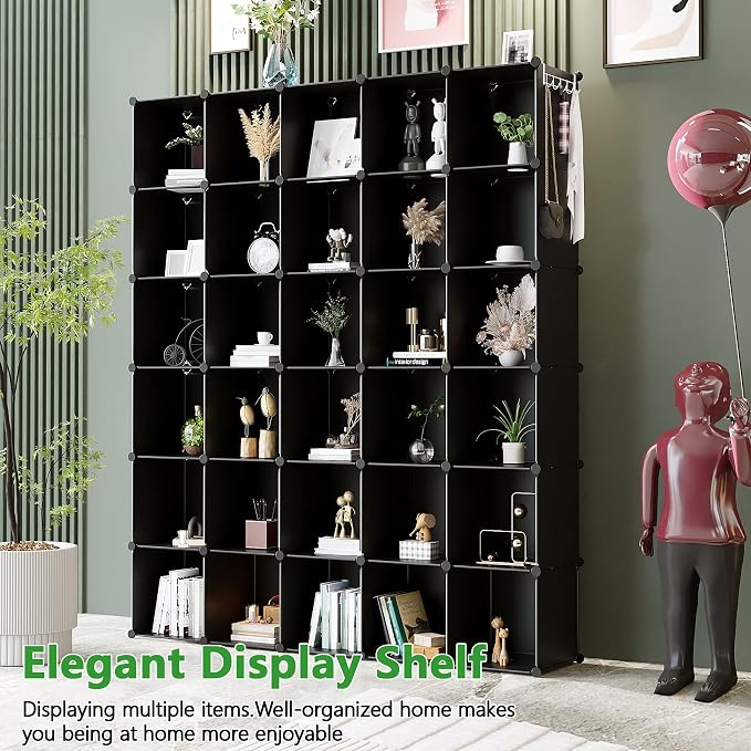 C&AHOME 30-Cube Shelf, Plastic Cube Storage Organizer, DIY Bookshelf Black | Stackable Modular Closet Cabinet Ideal for Bedroom, Living Room, Office, 60.6" L x 12.4" W x 72.6" H