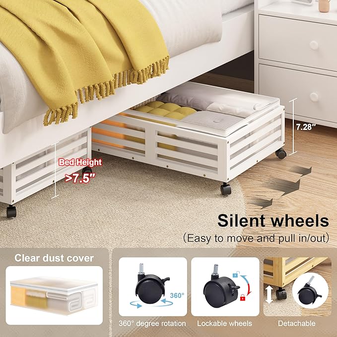 Under Bed Storage with Wheels, 2 Pack Bamboo Drawers for Shoes and Clothes | Fitted dustproof bags, stackable design, smooth pullout access for bedding, blankets, toys and seasonal essentials