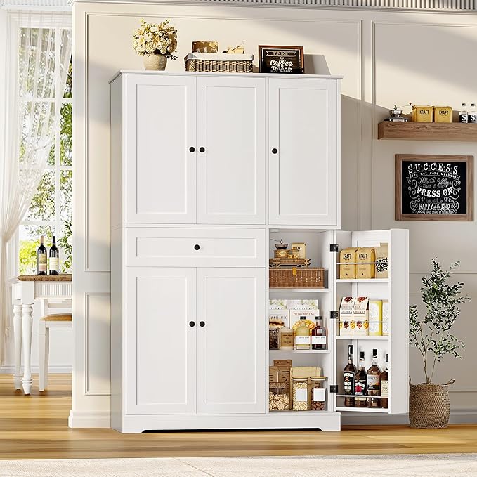 HOSTACK 68" Tall Kitchen Pantry Storage Cabinet with Doors & Shelves, White | Large Pantry Cabinet with Door Rack, Freestanding Kitchen Storage Cabinet with Drawer, Food Pantry for Dining Living room