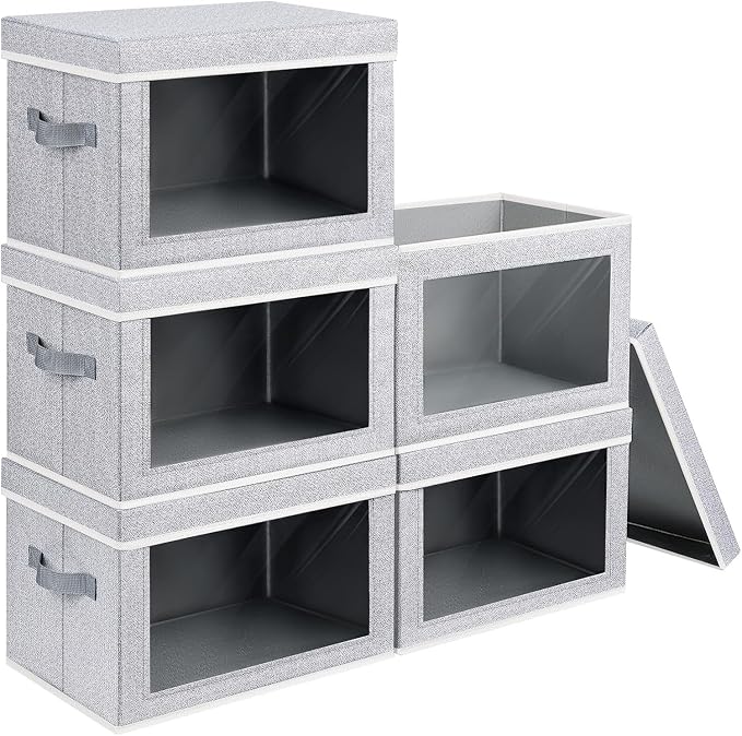 Homsorout Stackable Storage Bins with Lids - Medium Storage Box with Lids, Foldable Closet Boxes for Organizing, Wardrobe Clothes Organizer with Window, Cubes Bins for Living Room, 5 Pack, Blended