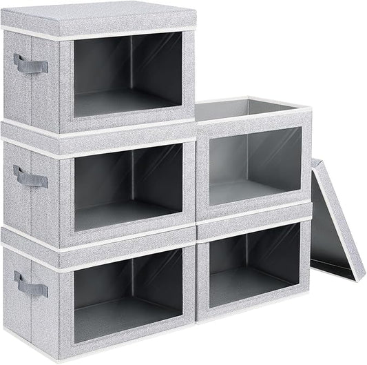 Homsorout Stackable Storage Bins with Lids - Medium Storage Box with Lids, Foldable Closet Boxes for Organizing, Wardrobe Clothes Organizer with Window, Cubes Bins for Living Room, 5 Pack, Blended