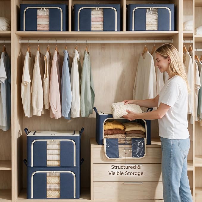 3 Openings Clothes Storage Bins with Metal Frame，24L (navy blue) | Oxford-Gewebe