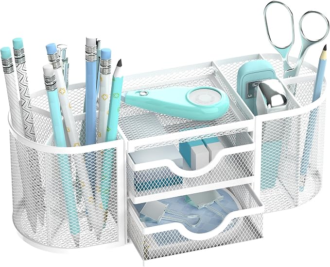 Mesh Desk Organizer, Desk Organizers and Accessories, Pen Holder with Drawers, Pencil Holder for Desk with 2 Drawer for Office Supplies, White