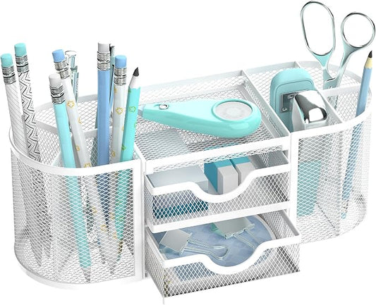 Mesh Desk Organizer, Desk Organizers and Accessories, Pen Holder with Drawers, Pencil Holder for Desk with 2 Drawer for Office Supplies, White