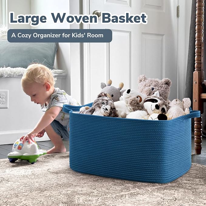 Goodpick Large Cotton Rope Blanket Basket, Rectangle Organizer, Dark Blue | 21.6 x 14.9 x 11.8 in, Reinforced Handles, Living Room, Bedroom & Nursery Organization, Blankets, Towels & Toys Storage