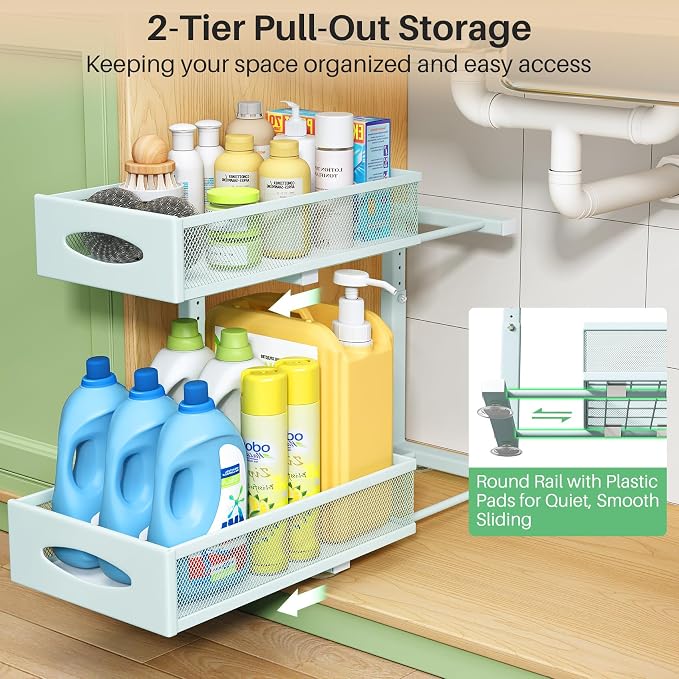 2 Pack Under Sink Organizer, 2 Tier Pull out Cabinet Organizer Mesh Baskets with 5 Adjustable Heights, Sliding Drawers Storage Shelf for Home, Kitchen, Bathroom, Pantry, Office, Countertop ,Blue