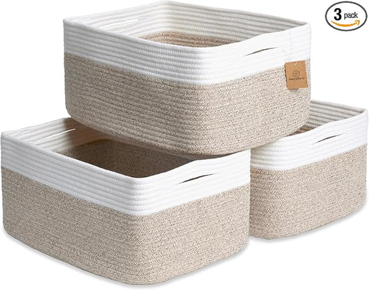 NaturalCozy Storage Baskets 16.8”x13”x7.6” Cotton Rope Woven Baskets for Organizing 3-Pack | Toy Storage Bins | Basket for Shelves, Laundry, Blanket, Clothes, Closet, Kitchen, Bathroom, Gifts