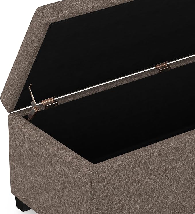 SIMPLIHOME Avalon Storage Ottoman Bench - 48" Wide x 16" High Upholstered Linen Look Fabric Rectangular Lift-Top Ottoman in Fawn Brown, Contemporary Bench for Living Room with High-Density Foam