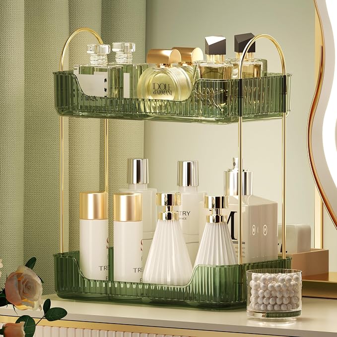 Akinbas 2 Tier Bathroom Organizer Countertop Makeup Perfume Tray Skincare Organizer for Bathroom Dresser Vanity (Green)
