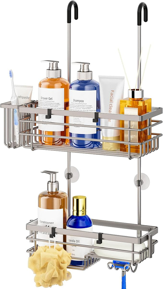 HapiRm Hanging Shower Caddy Organizer - No Drilling Shower Shelves with Hooks and Toothbrush Holder, Rustproof 304 Stainless Steel Bathroom Organizer - Brushed Nickel