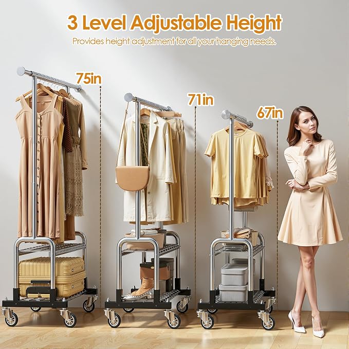 Luxspire Rolling Heavy Duty Clothes Rack with 2 Sturdy Shelves Load 600 LBS | Zinc-iron alloy frame, lockable silent wheels, adjustable extendable rods for bedroom and laundry room garment storage