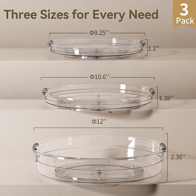 LAMU 3 Pack Lazy Susan Organizer Turntable for Cabinet, Pantry Organizers and Storage, Rotating Condiment Organizer for Kitchen, Table Top, Fridge, Countertop, Spice Organization, 9.25'' 10.6'' 12''