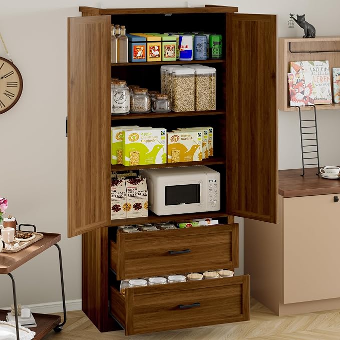 BORNOON Pantry Organizers and Storage Cabinet, 71” Barn Door White Kitchen Cabinet with Drawers and Adjustable Shelf, Tall Pantry for Kitchen, Dining Room, Living Room. Bathroom and Office