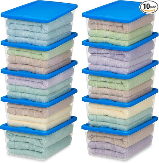 HOMZ Snaplock Clear Plastic Bin 6 Qt./1.5 Gallon | Storage Tote with Secure Lid | for Home, Office, Garage, Dorm Room Organizer | Stackable & Nestable | Blue Lid, Pack of 10