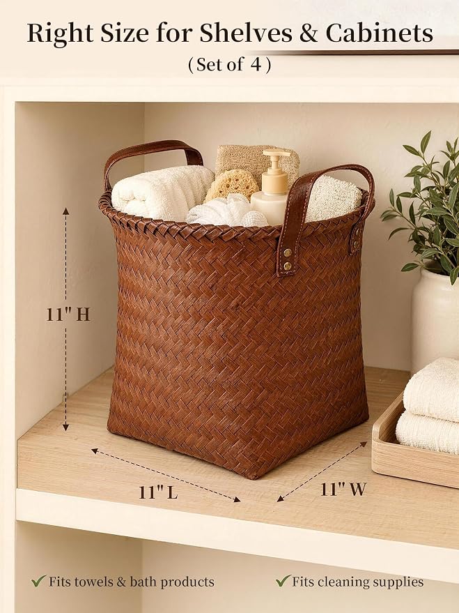 Wicker Storage Baskets, 4 Pack Woven Baskets for Shelves, Brown | PP Rattan, Water-resistant Wicker Basket, Large Baskets with Faux Leather Handles for Blanket, Laundry Organizer, Room Decor