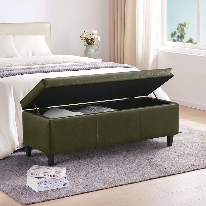 Storage Ottoman Bench 50.3" Faux Leather Upholstered End of Bed Bench,Green | Hidden Storage Accent Ottoman for Living Room, Bedroom, Entryway, Safety Hinges, Load up to 300lb