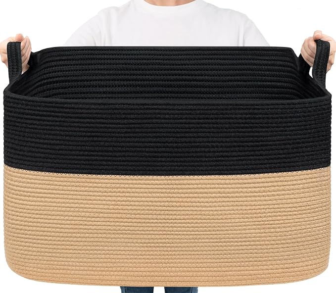 Goodpick Large Wicker Blanket Basket, Cotton Rope Storage, Black & Camel | 85L, 23.6 x 15.7 x 13.8 in, Home Organization & Decor, Blankets, Pillows, Toys & Clothes Storage for Living Room and Bedroom