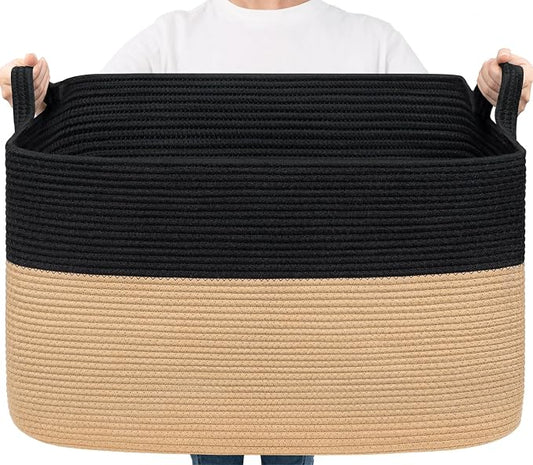 Goodpick Large Wicker Blanket Basket, Cotton Rope Storage, Black & Camel | 85L, 23.6 x 15.7 x 13.8 in, Home Organization & Decor, Blankets, Pillows, Toys & Clothes Storage for Living Room and Bedroom