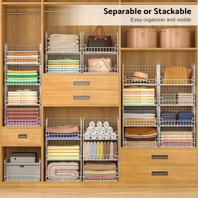 6-Tier Stackable Closet Organizers and Storage Basket - Foldable Closet Shelf Organizer System, Sturdy Metal Space-Saving Clothes Storage Bins for Wardrobe, White