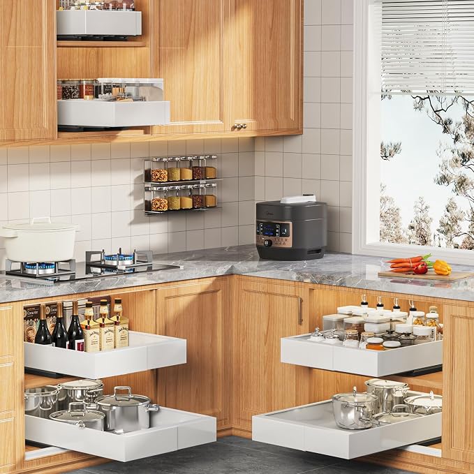 Seinloes 4 Pack Expandable Width (9"-14.1") Pull Out Cabinet Organizer 21" Deep with Raising Pad for Framed Cabinets, Upgrade 3 Slide Rails Slide Out Drawers, Roll Out Shelves Adhesive, White