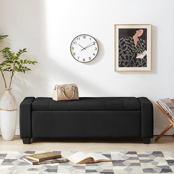 48" Ottoman with Storage, Black Storage Ottoman Bench with Safety Hinge | Upholstered Entryway Bench with Seating for Bedroom, Living Room, Holds up to 330 lb