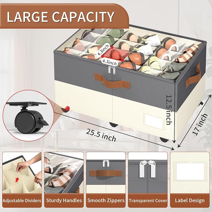 Foyego Shoe Organizer for Closet, with Wheels, Beige and Grey | Fits 24 Pairs, with Adjustable Dividers and Clear Cover, Saving Space Foldable Fabric Closet Shoe Storage Organizer Box Bins