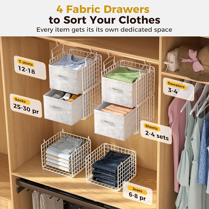 4 Tier Hanging Closet Organizer with 4 Drawers, White | Metal Hanging Shelves with 4 Hanging Hooks for Wardrobe Laundry Garage, No Sagging, Modular Design, Space Saving