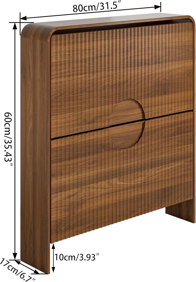 Narrow Shoe Cabinet with Entry Way, Slim Shoe Storage Cabinet for 2 Tier Doors, No Shelf, Fluted Hidden Shoe Rack Organizer for Entrance, Entry Way, Foyer, Walnut Small