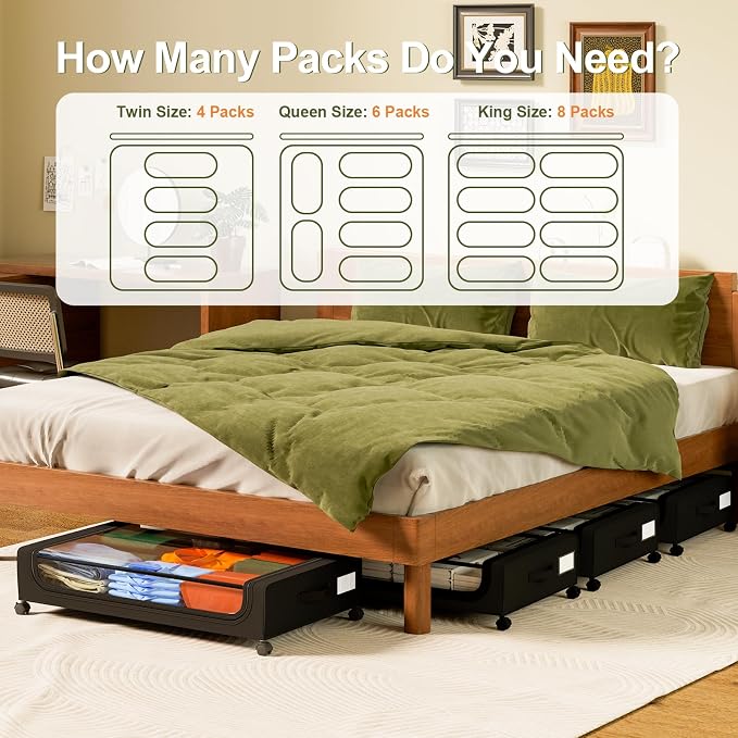 GoMaihe Under Bed Storage with Wheels 48L Black 2-Pack | Rolling Rangement Vetement sous le Lit - Containers for Clothes Shoes in Bedroom - Easy Pull-out