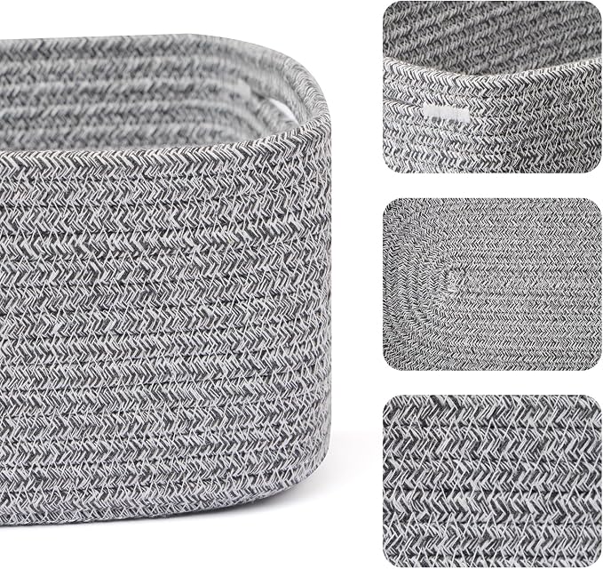 MiniArk Small Storage Baskets for Organizing | Closet Organizer Bins | Shelf Toy Basket | Woven Rope Baskets | Cube Decorative Box | Shallow Basket | 13x8.5x5.1” | 3 Packs Mixed Grey