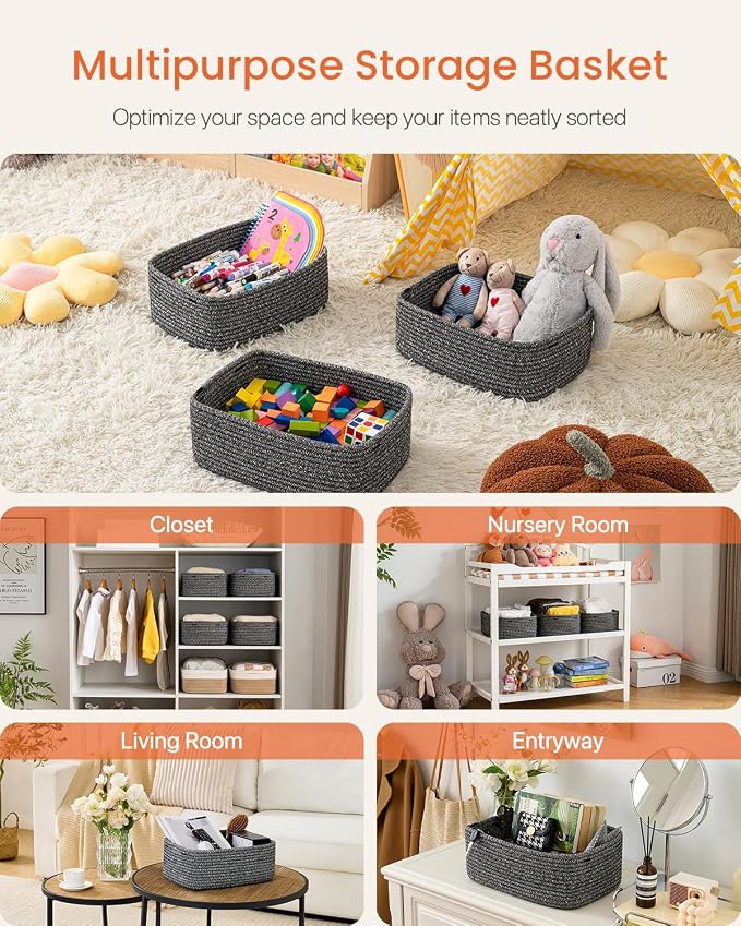 KALLAX Small Woven Storage Basket for Organizing, 13.5x9.5x5 inches, 3 Pack | Shelf baskets for closet organization, toy storage and home decor, Perfect as empty gift baskets for holidays, Mixed Black