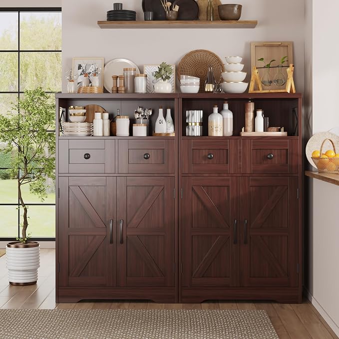 Farmhouse Storage Cabinet Set of 2, Small Kitchen Pantry Coffee Bar Cabinet | Accent Buffet Cabinet Cupboard, 2 Drawers, Barn Doors & Adjustable Shelves, for Kitchen/Entryway/Bathroom, Dark Brown