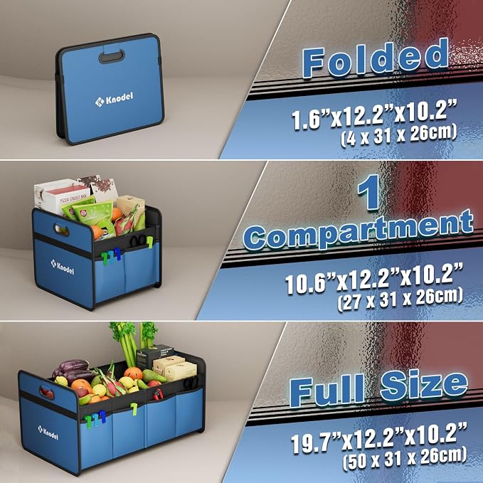 K KNODEL Foldable Trunk Storage Organizer for Car and Suv (Small, Blue) | Collapsible Car Storage Organizer, Car Organizers and Storage for Sedan, Cargo Organizer, Car Bin, Basket,Bag, Organization