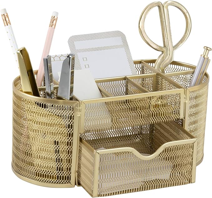 BLU MONACO | Gold Desk Organizer Set with Drawer | Metal Mesh Desk Accessories for Women | Stylish Desktop Organizer for Office Storage, Supplies & Small Stationery