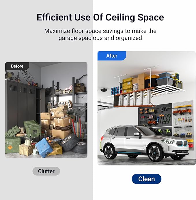 FLEXIMOUNTS 4x8 Overhead Garage Storage Rack with 6 Hooks, 2 Pack, White | 750lbs Capacity, 22.6"–39.4" Adjustable Dropdown, Heavy-Duty Metal Ceiling Racks, Storage Organization System, Lite Series