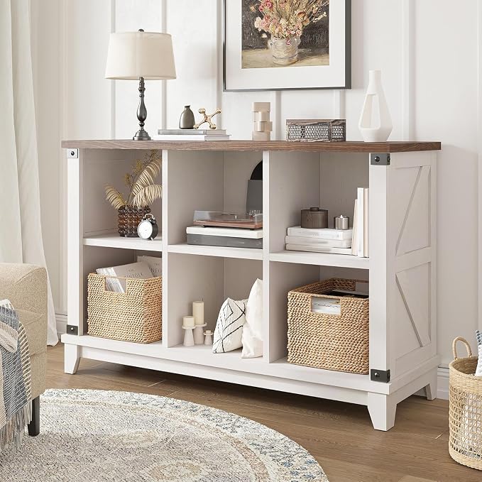 EnHomee Farmhouse 6-Cube Storage Organizer for Living Room, White | Home Organization Lovers, Wood & Metal, Holds 286 Lbs, Anti-Tip & Stabilizers