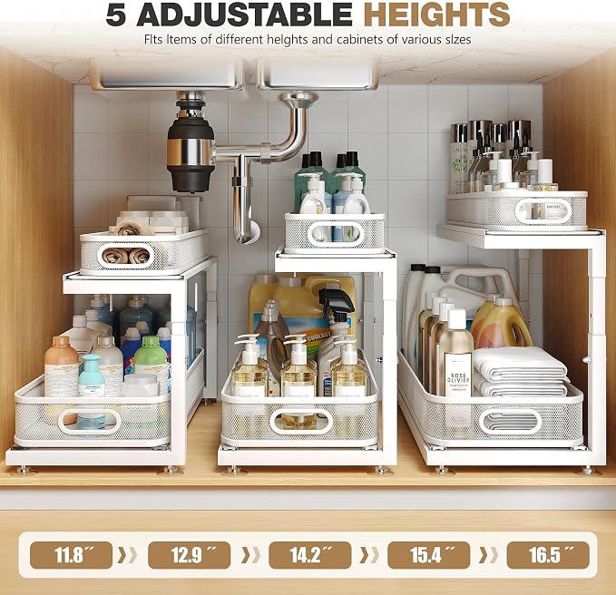 2-Pack 21.3 IN Depth Under Sink Organizer With Next-Gen Ball-Bearing Slides,Sophisticated Mesh 2-Tier Pull Out Shelf for Kitchen & Bathroom,Fits Small Items-White(Patented)