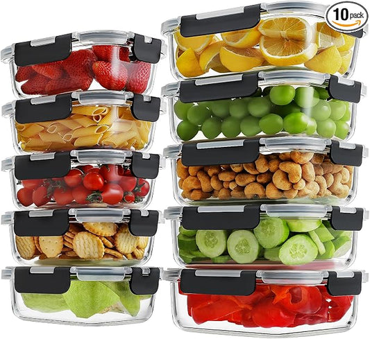 HOMBERKING 10 Pack Borosilicate Glass Meal Prep Containers with Locking Lids, Glass Food Storage Containers Set, Airtight Lunch Bento Boxes, BPA-Free & Leak Proof, 36oz & 14oz, Freezer, Oven Safe