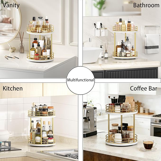 2-Tier Rotating Bathroom Countertop Organizer, Wooden Makeup Vanity Storage, Multifunctional Lazy Susan Turntable for Skincare, Perfume and Cosmetics (White-Gold)