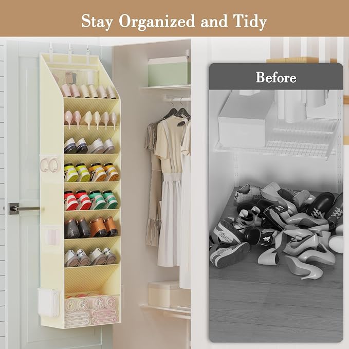 Shoe Storage, Over the Door Shoe Organizer, Hanging Closet Shoe Storage with Large Deep Pockets, Fits 16–24 Pairs of Sneakers, Sandals, Boots, Beige