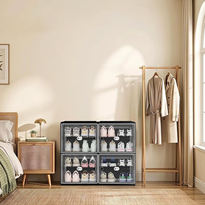 16 Pairs Foldable Shoe Rack Storage Cabinet with Heavy-Duty Design (Vertical 300 lbs), Tool-Free 4-Step Quick Installation, Wide-Slot Shoe Cabinet for Entryway/Living Room/Garage