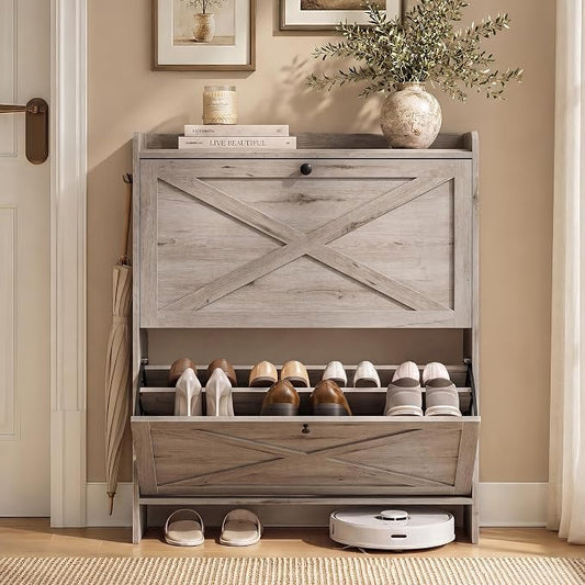 VASAGLE Shoe Storage Cabinet Organizer with 2 Flip Drawers, Freestanding Narrow Shoe Rack Cabinet for Entryway, Farmhouse Style, Fits 14 to 16 Pairs, Washed Gray UHSC203GD01