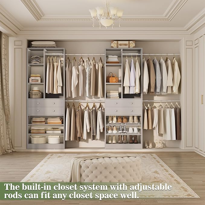 Besiost Closet System, Up to 134"/11.2 FT Closet Organizer with 4 Wooden Drawers and Shelves, Walk-in Closet System with 6 Hanging Rods, Built-in Closet Can Fit 96"/8FT, 120"/10FT, Morandi Grey Set 2