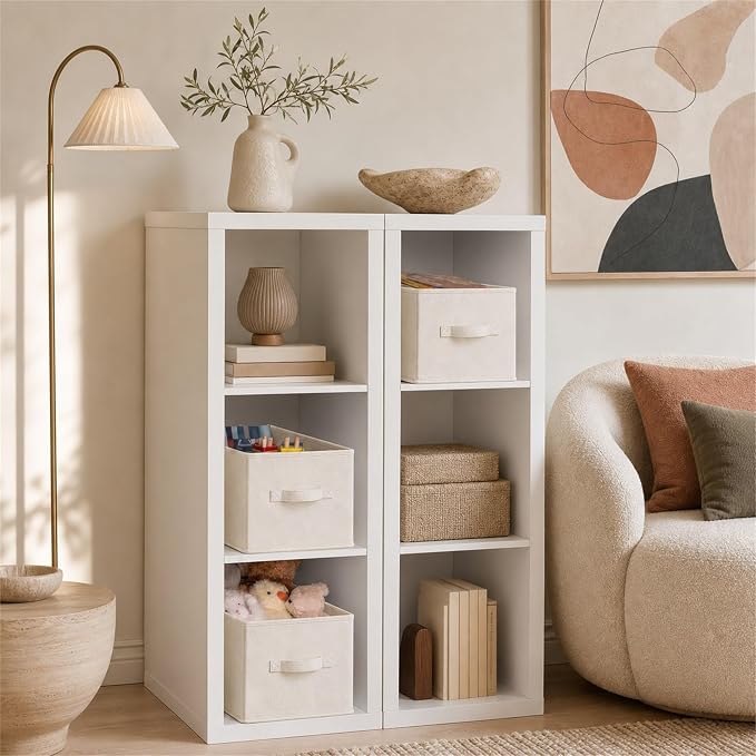 LayerSpace 3 Pack Fabric Storage Bins for Shelves | 16.25x12x10in Closet | Collapsible Bins for Organization | Linen Clothes Storage Bins | White & Ivory | Thickened Rigid PP Panels, Cotton-linen Shelf Baskets, Measure 16.25"L x 12"W x 10"H for Clothes...