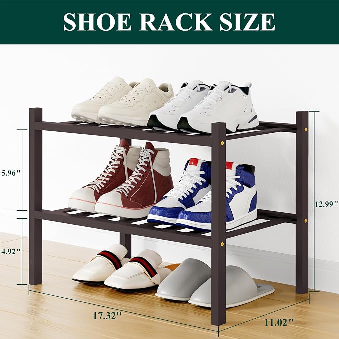Smiry Bamboo Shoe Rack, 12 Vertical Slats, 2 Tier - 17.3" Wide, Brown | Stackable Free Standing Wooden Shoe Organizer, Wood Shoe Storage Shelf for Closet, Entryway