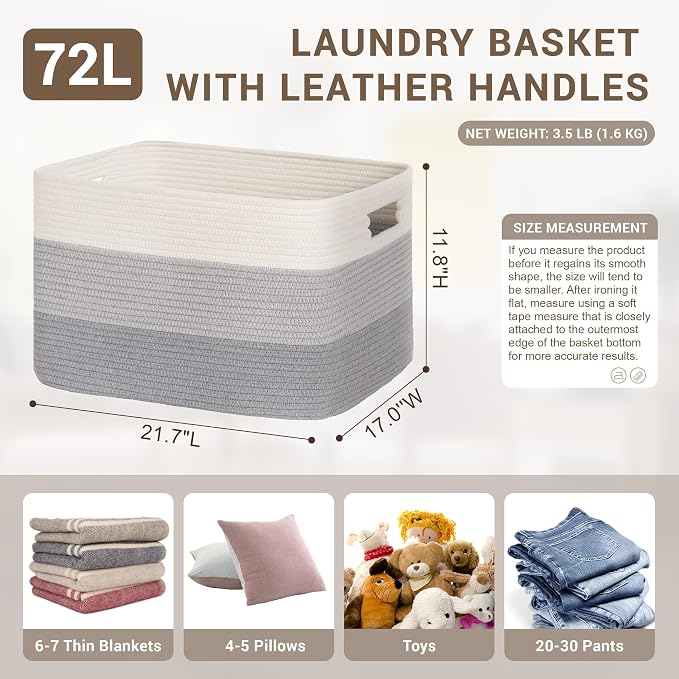 72L Large Woven Laundry Basket Hamper with Handles, Gradient Grey | collapsible wicker hamper, storage for dirty clothes, toys, blankets, gifts, living room, bedroom, bathroom, 22"x17"x12"