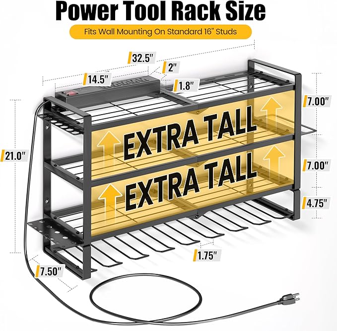 MOOMSINE Large Power Tool Organizer Wall Mount with Charging Station for Garage, 400lbs Metal Storage Rack with 8 Cordless Drill Holder, 4 Tier Heavy Duty Battery Tool Shelf with 5 Outlet Power Strip